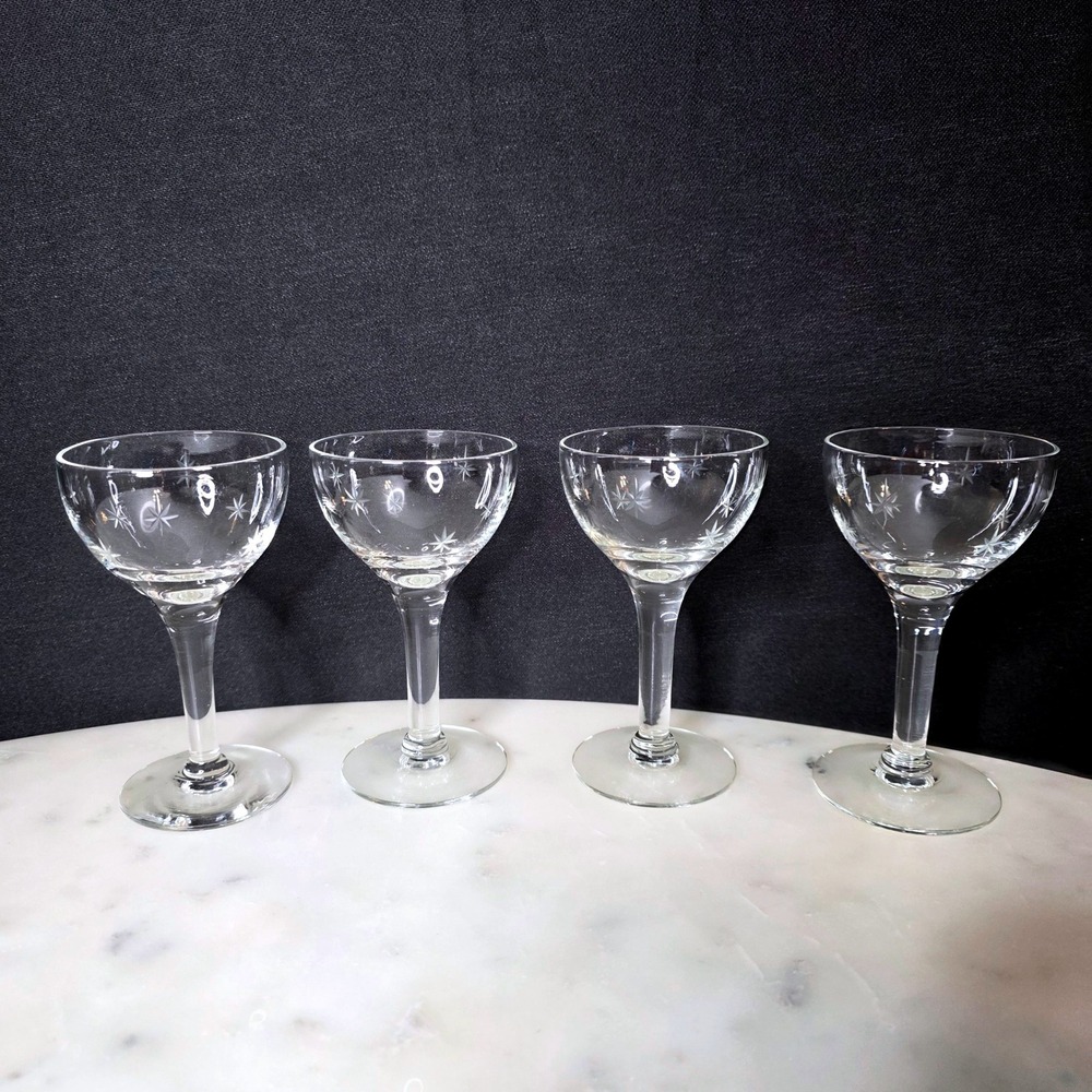 Vtg MCM Atomic Starburst Etched Cordial Liqueur Glasses Set 4 Mid Century